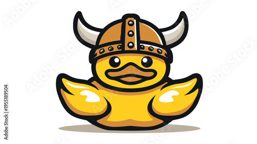 A cartoon rubber ducky wearing a Viking helmet, with stylized features and dark outlines