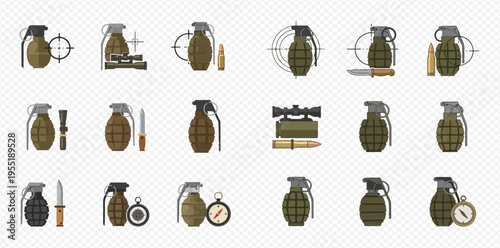 Set of military hand grenades and related equipment for combat and tactical operations.