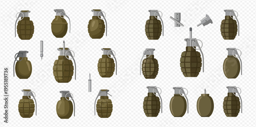 Set of military hand grenades with different shapes and designs, including fragmentation and smoke grenades, isolated on transparent background.