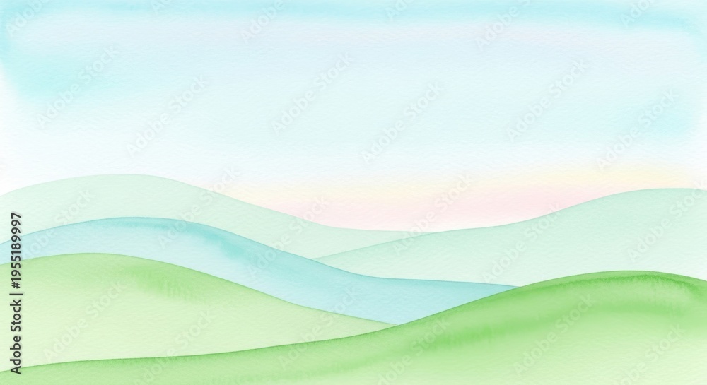 Fototapeta premium Soft Watercolor Hills Landscape with Pastel Sky and Gentle Rolling Green Hills