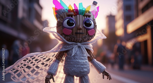 An ultra-realistic cartoon character made from recyclable materials (plastic, paper, and glass), with expressive eyes and detailed texture, wearing a translucent cape made from reused shopping bags.