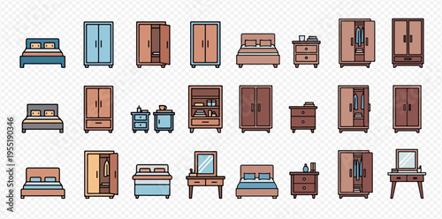 Pixel art bedroom furniture set with beds, wardrobes, and nightstands on a transparent background.