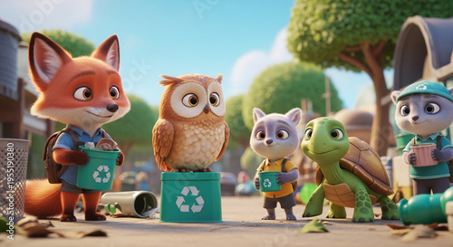 A group of ultra-realistic cartoon animals (fox, owl, and turtle) interacting with recyclable materials, friendly expressions, and a natural setting with recycled urban elements.