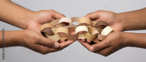 Four hands holding a paper chain made of varied skin tone colors against a plain gray background, close-up concept image representing unity, diversity, inclusion and shared human connection