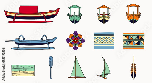 Collection of Traditional Boats, Ornate Patterns, and Oars, Vector Illustrations on White Background