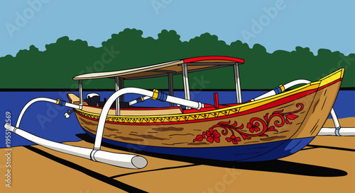 Traditional Balinese Jukung boat with outriggers resting on a sandy beach with calm blue water and green trees in the background