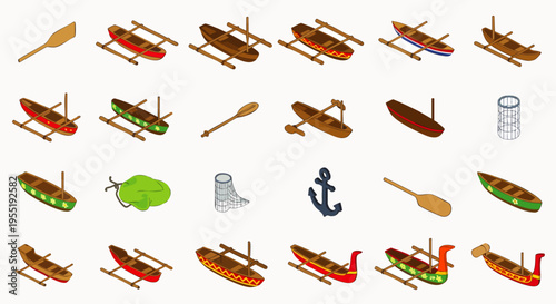 Collection of Isometric Canoes, Paddles, and Nautical Elements on a White Background