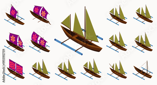 Isometric vector set of traditional Philippine outrigger boats (Bangka, Paraw) with diverse sail designs. Represents maritime culture, island travel, and heritage.