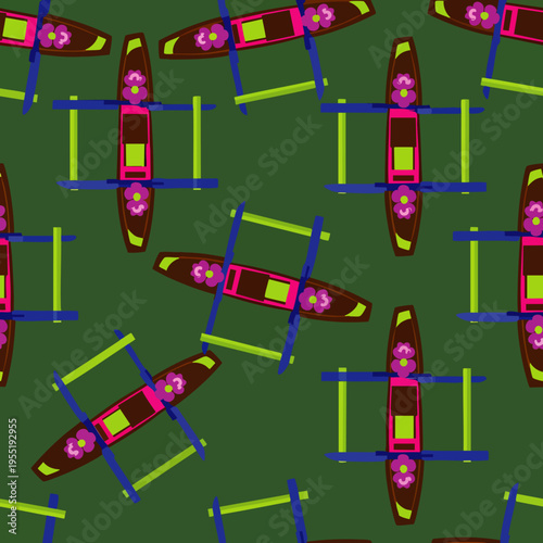 Seamless pattern of colorful traditional Indonesian outrigger canoes with floral motifs on a green background