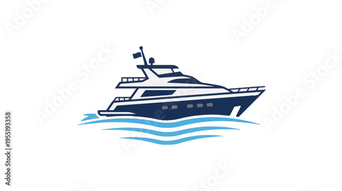 A sleek, modern yacht in navy blue and white sails through stylized blue waves against a clean white background.