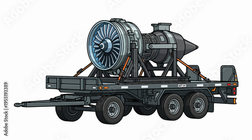 A cartoon jet engine is mounted on a flatbed trailer with a tow hitch, ready for transport.