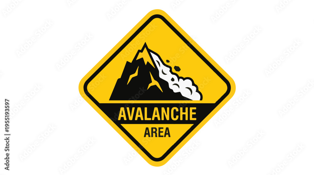 Obraz premium Yellow diamond-shaped warning sign depicting a mountain with an avalanche, with text AVALANCHE AREA below.