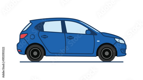 A simple vector illustration of a blue hatchback car, viewed from its side profile, isolated on a white background.