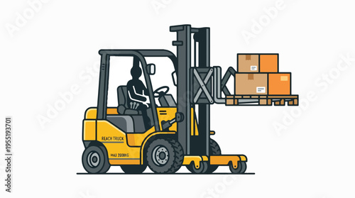 A yellow forklift with a driver lifts a pallet of cardboard boxes against a white background.