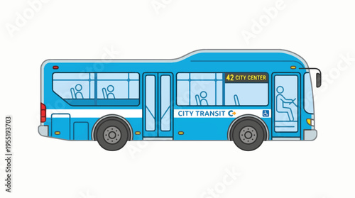 A bright blue city bus with white accents, featuring passengers inside and City Transit text.