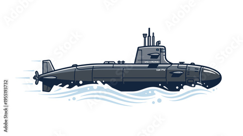 A cartoon illustration of a dark gray submarine moving through stylized blue waves.