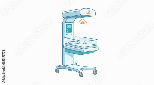 A medical incubator for newborns, with a warming lamp, digital display, and transparent bassinet on a wheeled stand.