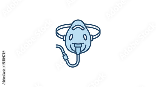 A cartoon-style illustration of a blue oxygen mask with a strap and hose, set against a white background.