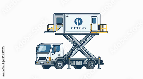 Catering truck with a lift for serving food at high levels, like on an airplane.