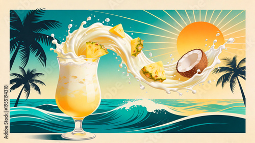 Tropical cocktail illustration featuring a glass with pineapple and coconut, splashing milk against a vibrant sunset and ocean backdrop with palm trees