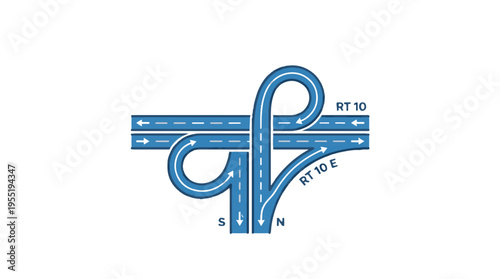 This is a diagram of a highway interchange. It shows a complex system of roads with multiple lanes and directional arrows, indicating traffic flow.