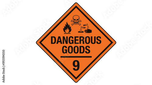 An orange diamond-shaped hazard label with 'DANGEROUS GOODS 9' text and pictograms for fire, toxic, corrosive, and environmental hazards. It signifies Class 9 miscellaneous dangerous goods.