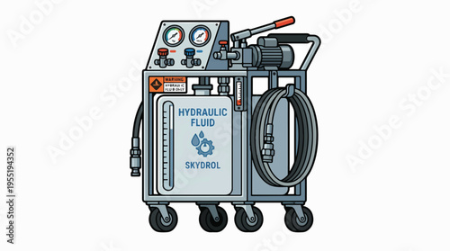 An illustration of a mobile hydraulic fluid service cart with a tank labeled 'HYDRAULIC FLUID' and 'SKYDROL', gauges, pump, and hoses, on a white background.