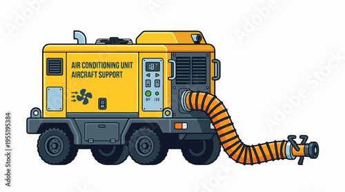 Yellow, wheeled aircraft air conditioning unit with a flexible orange hose and connector.