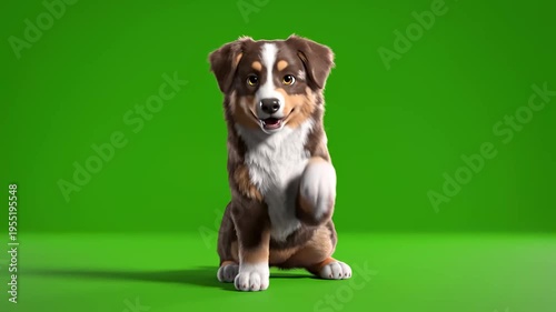 Adorable 3D Animated Australian Shepherd Puppy Standing on Green Screen for Pet Care Commercials and Creative Video Compositing.