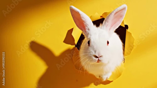 Adorable White Rabbit Peeking through a torn hole in bright yellow paper perfect for Easter greetings and creative marketing reveals.