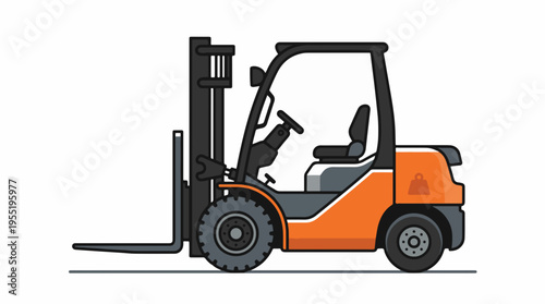 Cartoon illustration of an orange forklift with black accents, showing its forks, cabin, and wheels against a white background.