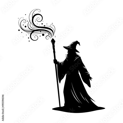 An illustration depicts a wizard casting magic with a staff and swirling smoke outdoors.