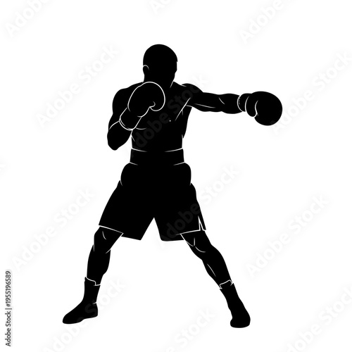 A boxer wearing gloves punches forward in a fighting stance with legs apart.