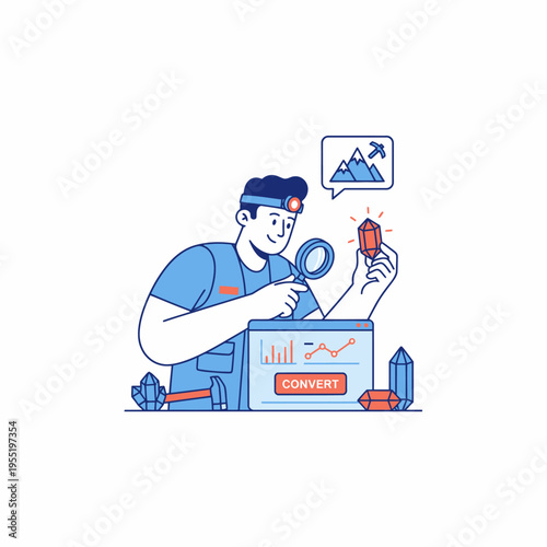 Geologist Examining Crystal with Magnifying Glass and Data.