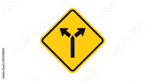 A yellow diamond-shaped warning sign with a black symbol of a road splitting into two lanes. This indicates a fork or lane separation ahead.
