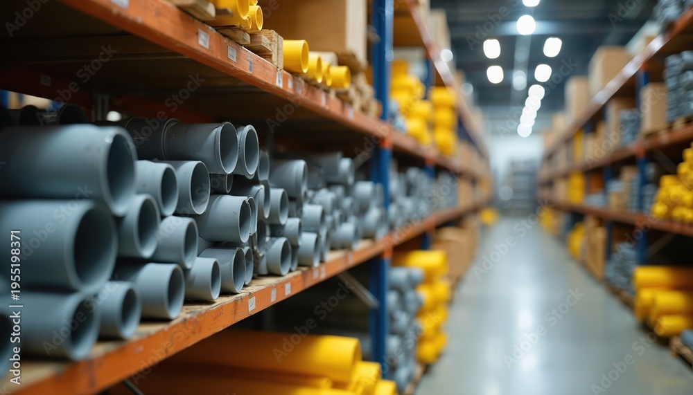 Fototapeta premium Rows of grey, yellow plastic pipes are neatly stacked on metal shelves in large warehouse. Assorted construction materials are organized for building, plumbing supply. Industrial storage with goods.