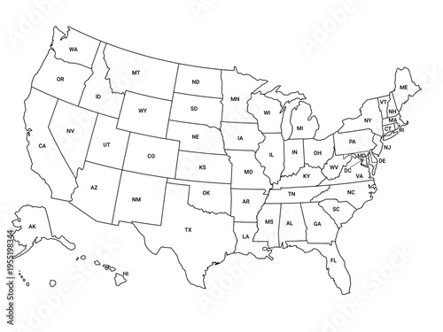 Map USA States Names ALL Outline