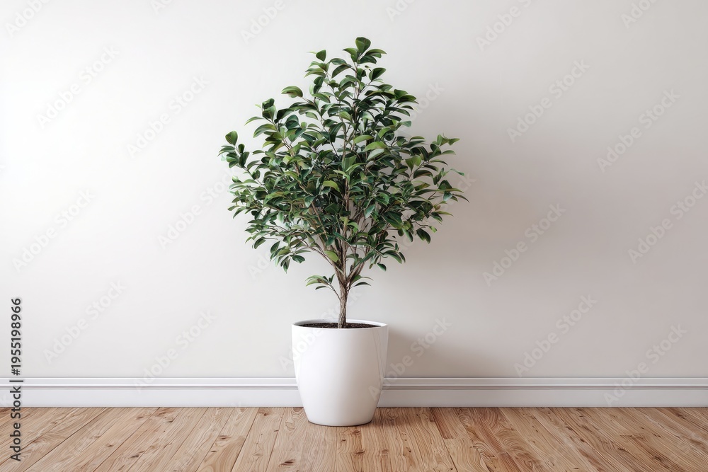 Fototapeta premium Healthy potted plant against a white wall and wooden floor