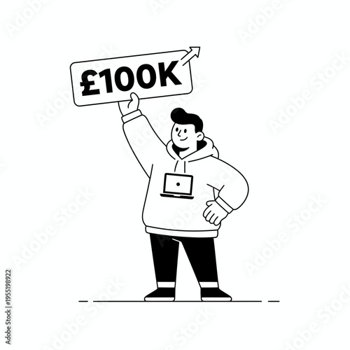 Man holding sign with 100k pounds and upward arrow.