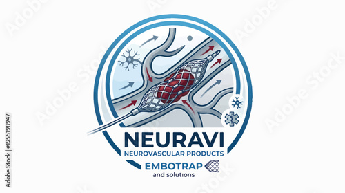 A medical illustration logo showing a neurovascular thrombectomy device (stent retriever) removing a blood clot from a cerebral artery, indicating stroke treatment. Text: NEURAVI, EMBOTRAP.