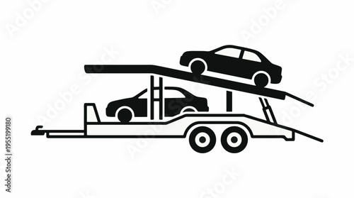 A stylized black and white graphic depicting a car carrier trailer loaded with two cars, one on the lower deck and one on the upper deck.