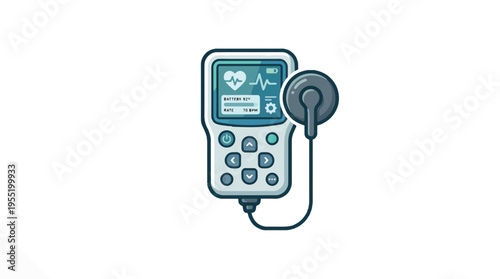 A stylized illustration of a portable medical device, likely a heart monitor or pacemaker, with a screen displaying a heart rate and battery level, and an attached sensor.