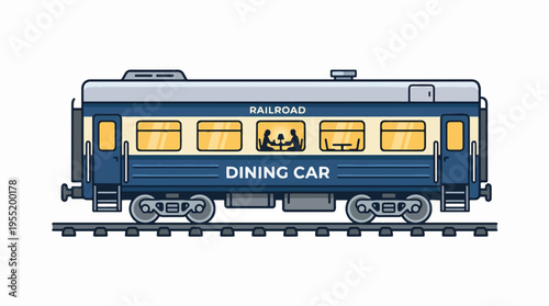 A stylized illustration of a blue and white railroad dining car with illuminated windows showing silhouetted figures eating.