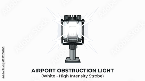 Illustration of a white, high-intensity strobe airport obstruction light with radiating lines, indicating its function and intensity.