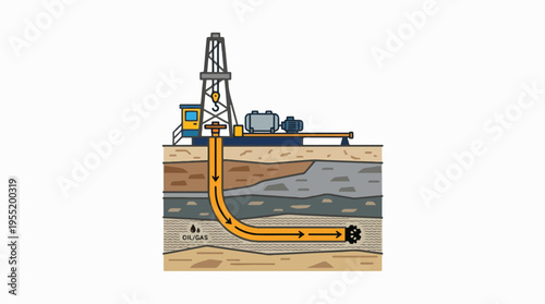 Illustration of a drilling rig and a directional wellbore extracting oil and gas from underground formations.