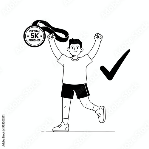 Man celebrating virtual 5k race completion with medal.