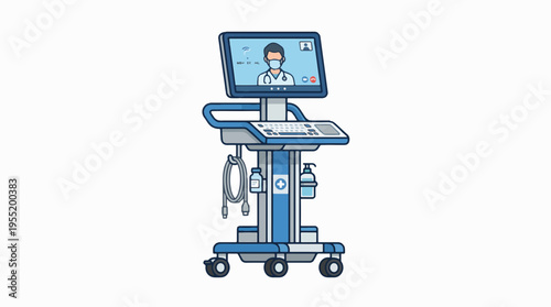 Medical cart with monitor displaying a doctor on a video call, keyboard, and medical supplies. Isolated on white.