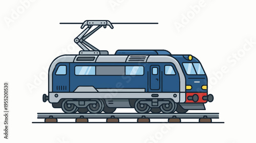 A modern, blue and silver electric train with a pantograph on a track.