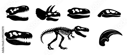 Dinosaur Skull Silhouettes Set, Fossil Bones Collection, T Rex Skeleton Raptor Claw Prehistoric Icons