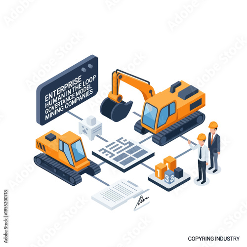 Isometric illustration depicting heavy machinery, construction, and business operations with a focus on enterprise, human involvement, and governance in the mining sector.
